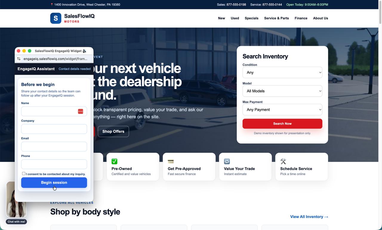 SalesFlowIQ Motors website with an active EngageIQ assistant lead capture widget